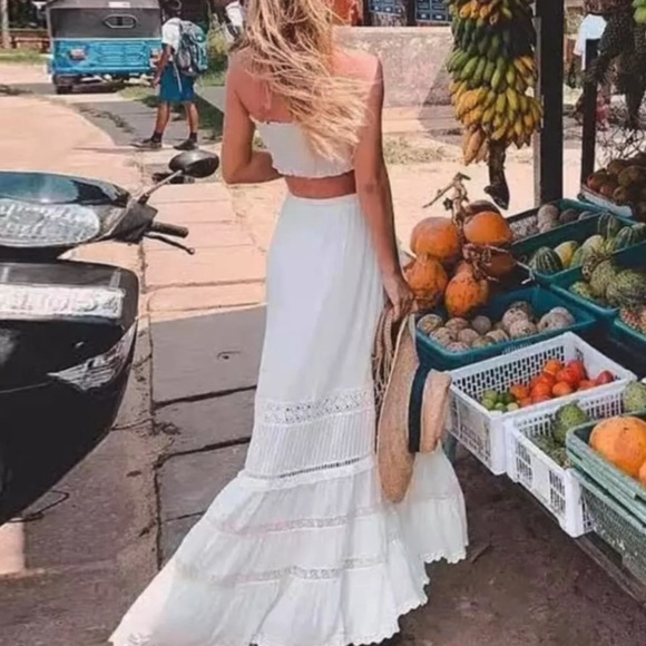 Boho White Tassel Tie Clouded Dream Cotton Maxi Skirt With Lace Embroidery - Picture 9 of 12